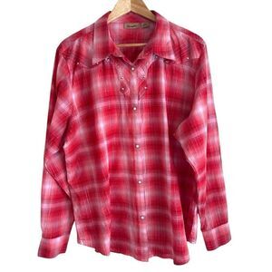 Wrangler Red Silver Studded Metallic Thread Pearl Button Plaid Western Shirt